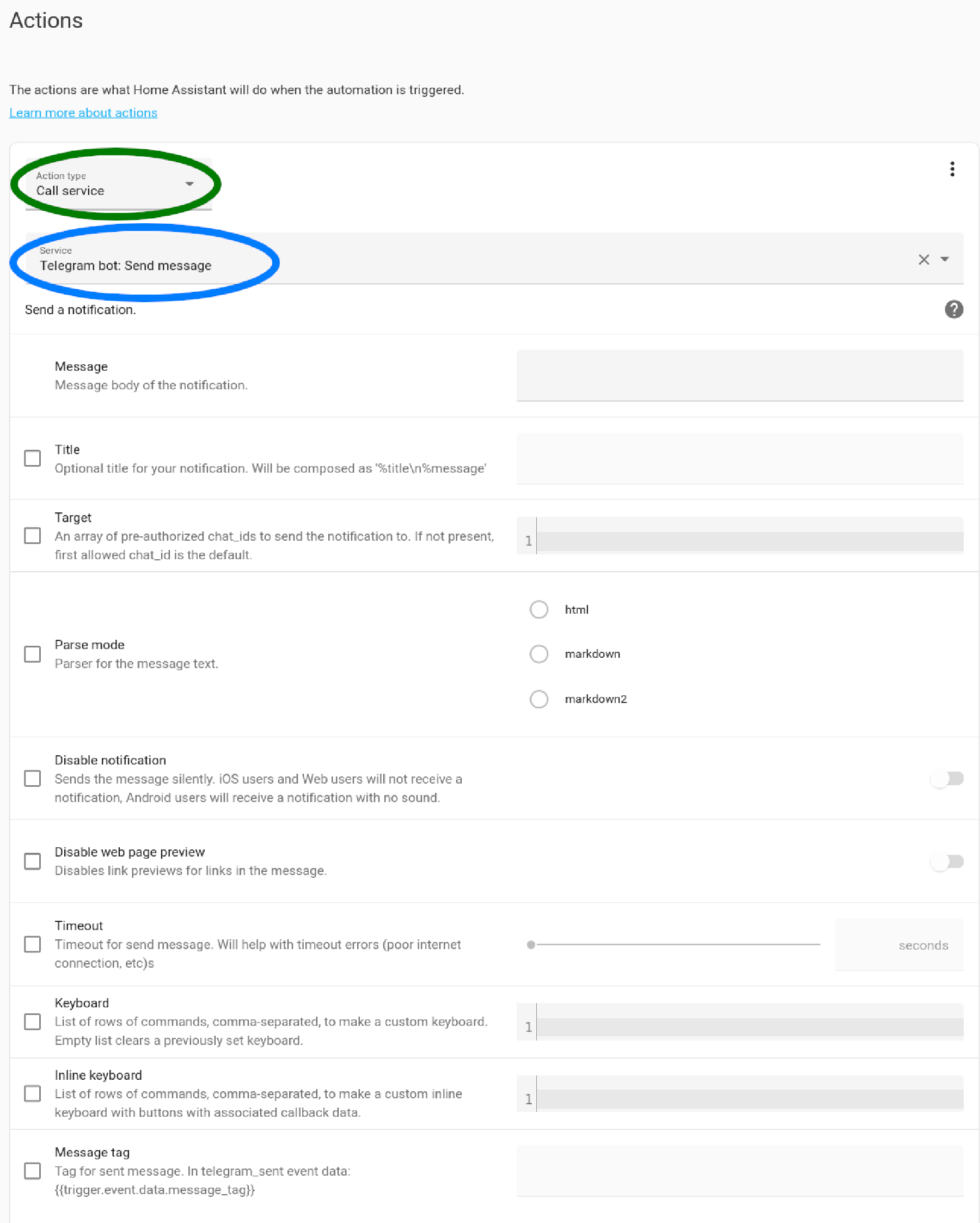 Send a messages using the telegram send_message service as an action in an
automation. Select "Call Service" as the "Action type" (outlined in green)
and pick telegram_bot.send_message as the "Service" (outlined in blue).
