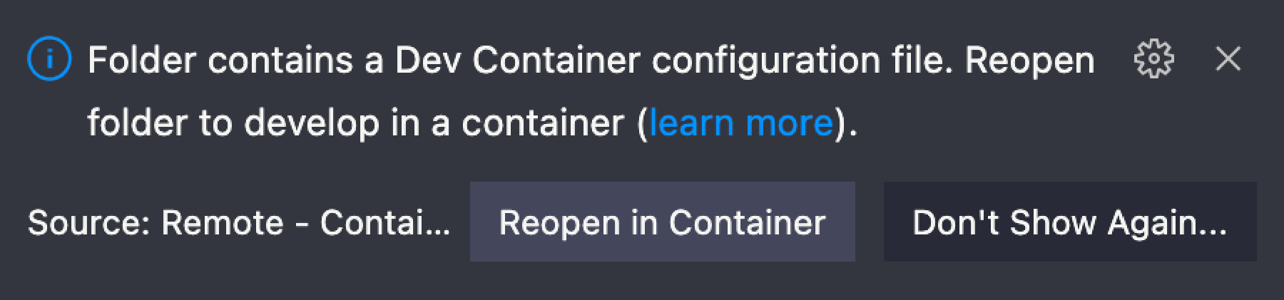 Pop-up asking if you want to open the code within a Development Container.